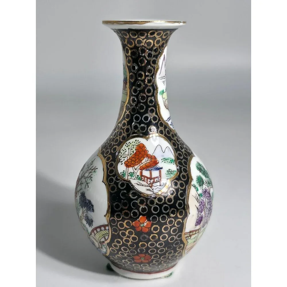 Vintage Hand Painted Porcelain Vase With Scenic Landscapes Gold Detailing
